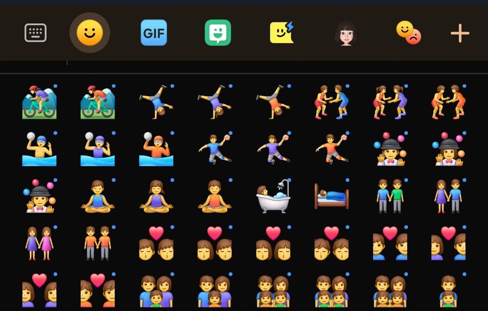 A wide array of emoji performing actions with male, female, and nonbinary emoji. The actions are as follows: mountain biking, tumbling, wrestling, water polo, basketball, juggling, yoga, shower, sleeping in bed, holding hands, couples kissing, couples with heart symbol, and 1-child family with 2 parents, 2-child families with 2 parents, and single-child family with single parents