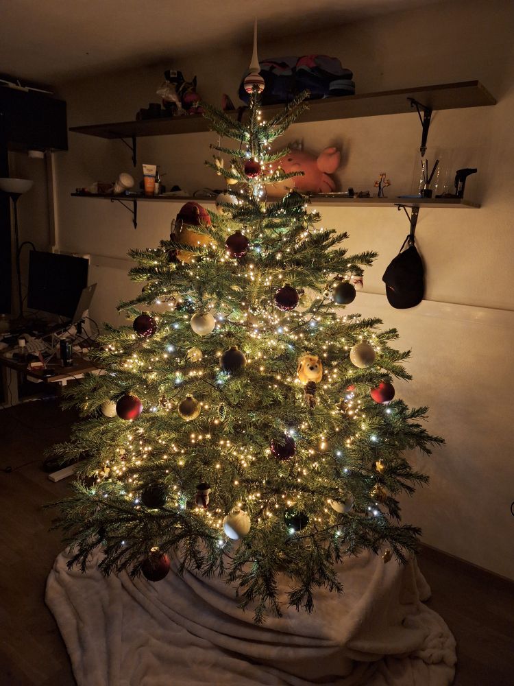 a secondary angle of the christmas tree, showing some other unique ornaments including a squirrel