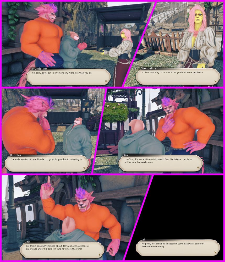 Wendeline explains to Jak and Bubbles that she has no information about Cinny. The boys discuss their concerns about their adoptive father after weeks of radio silence.