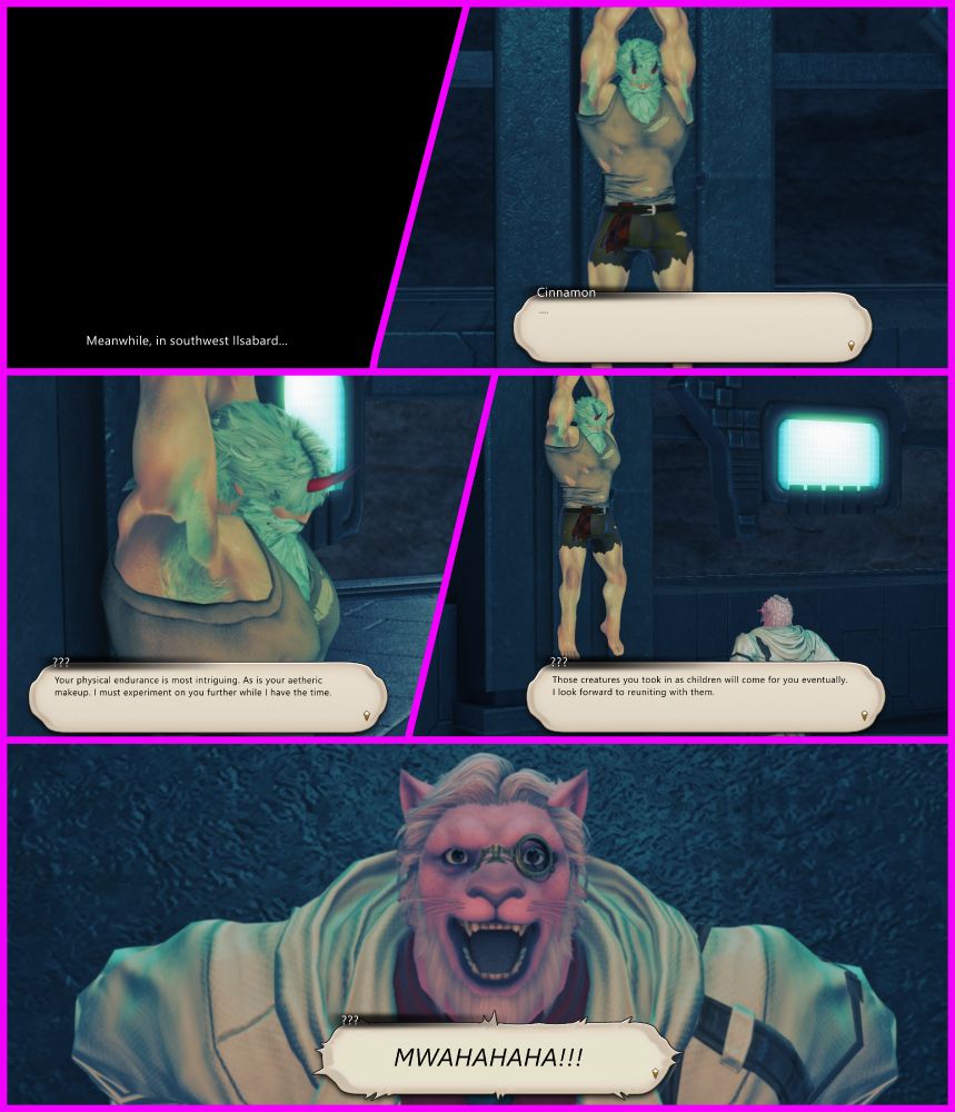 Somewhere in southwest Ilsabard, a haggard Cinny hangs bound and battered in an unknown facility. A mysterious hrothgar man in a lab coat expresses interest in experimenting on him, then muses that Jak and Bubbles will eventually come to rescue him.
