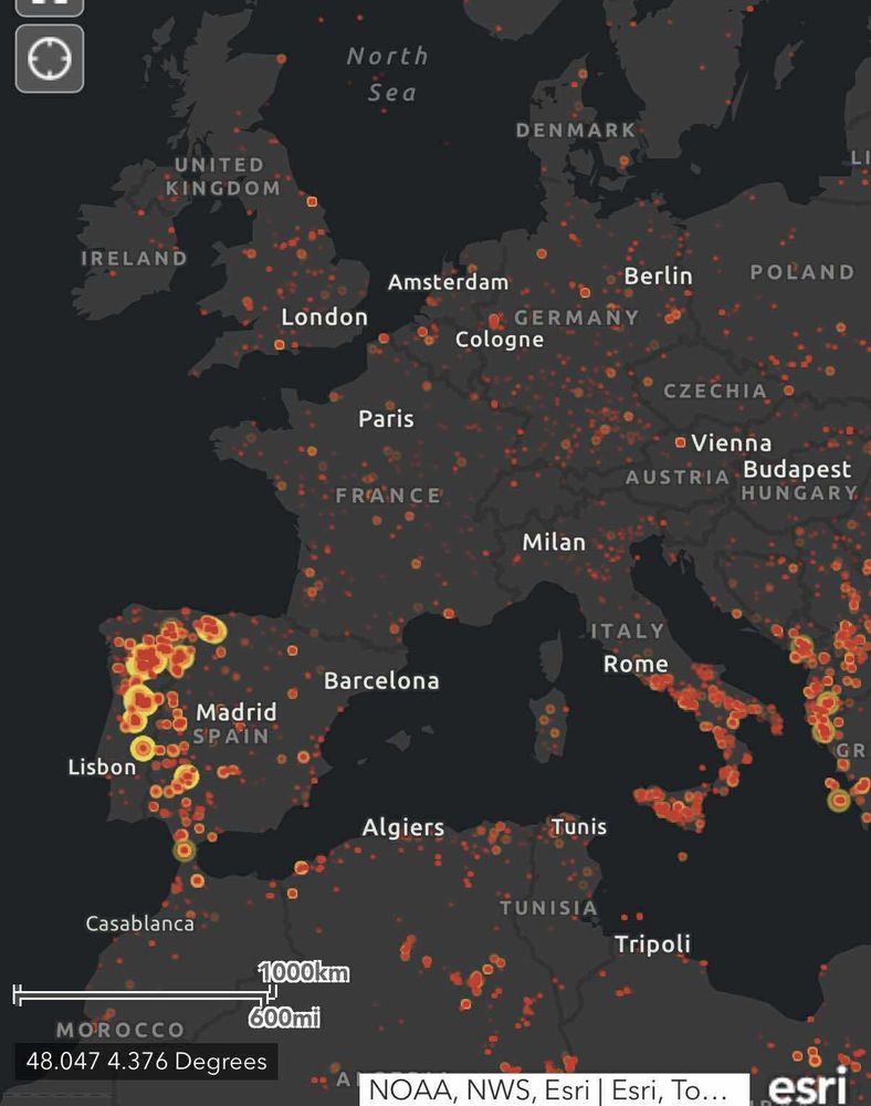 A satellite-generated fire map of western Europe showing many wildfires in western Spain, southern Italy and Greece