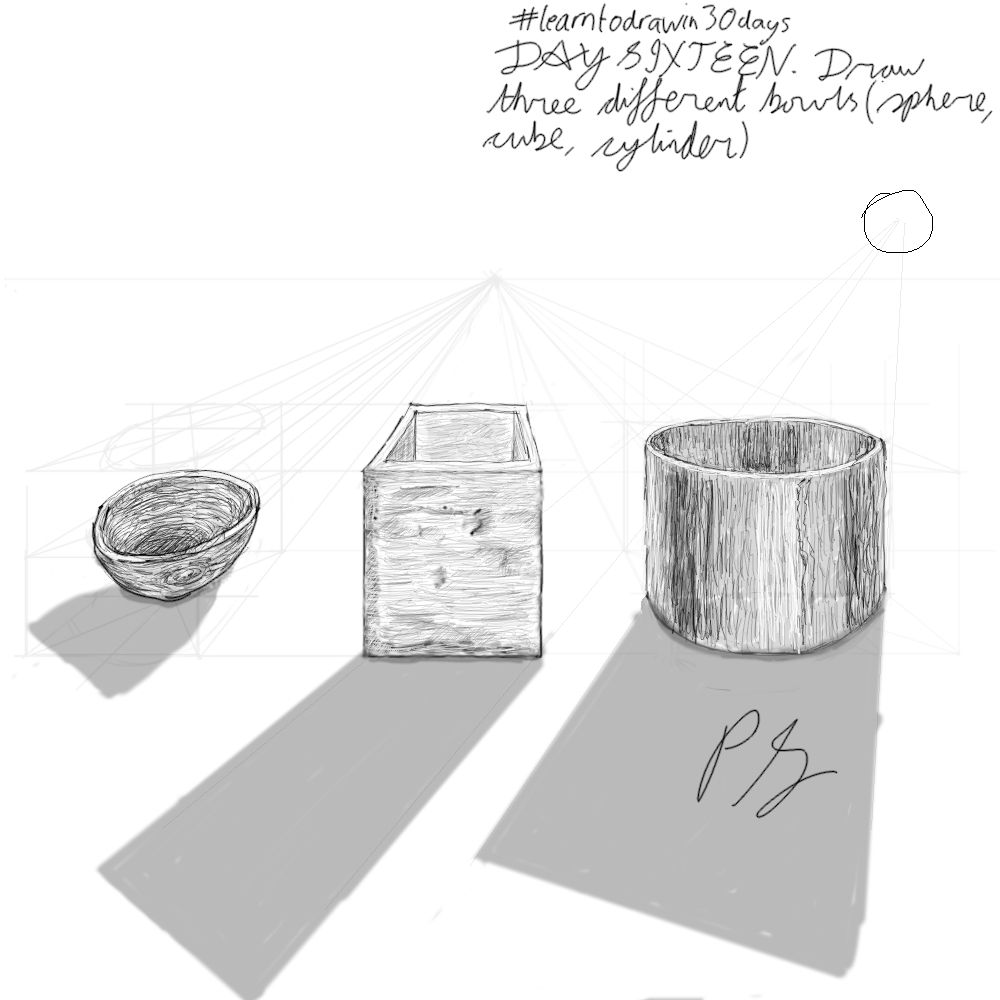 Three bowls, one made from a hemisphere, one from a cube, one from a cylinder; each made by carving a smaller, similar form out of the larger. Above, in rough cursive: '#learntodrawin30days. DAY SIXTEEN. Draw three different bowls (sphere, cube, cylinder)'