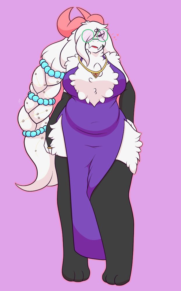 my kinsona, Ralsei, in a plunge dress, elbow-length gloves and thigh-highs, with her hair braided and accessorized with beads. the part of the dress that would normally show cleavage is filled with a frankly excessive amount of fluff