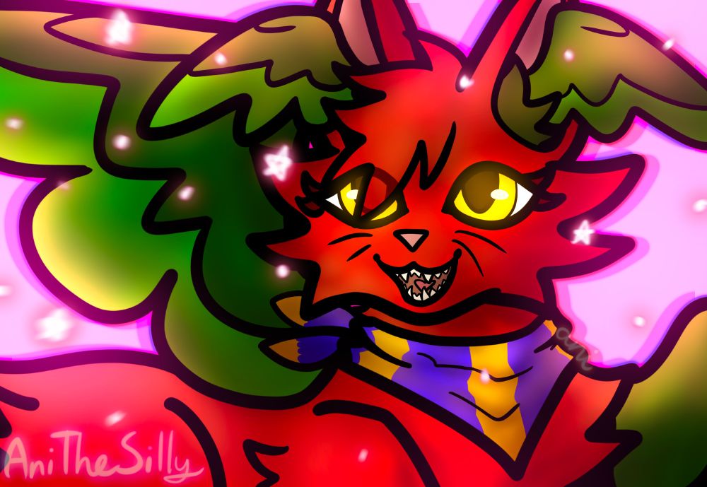 (character's name is The Silly and they use they/them pronouns)

digital artwork of a red cat with yellow eyes and green wings, 2 of which are on their back and the other 2 come out of their ears. the cat wears a yellow and dark blue bandana. the background is light pink and the foreground has slightly-blurred stars, which the Silly appears to be looking at with happiness.