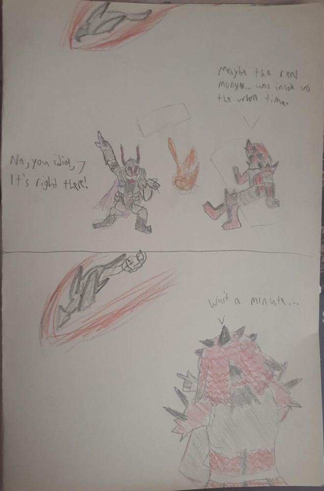 Monster Hunter in Rathalos Armor (right) philosophizes that humanity is the real monster. Monster Hunter in Gore Magala Armor (left) points to the Valstrax  in they sky, claiming that it is the real monster.