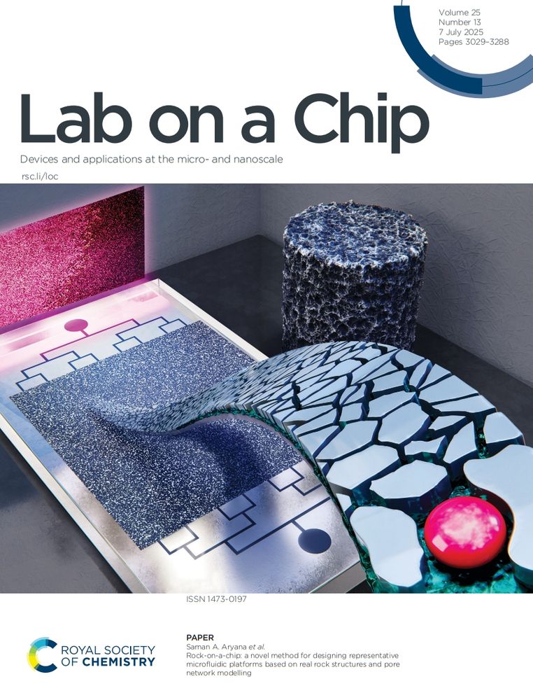 Inside front cover of issue 13 of @labonachip.rsc.org. Image shows rock-based pore structure embedded on microfluidic chip.