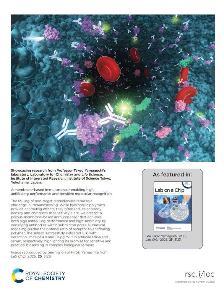 Back cover of issue 13 of @labonachip.rsc.org. Image shows immunosensing of blood analytes.