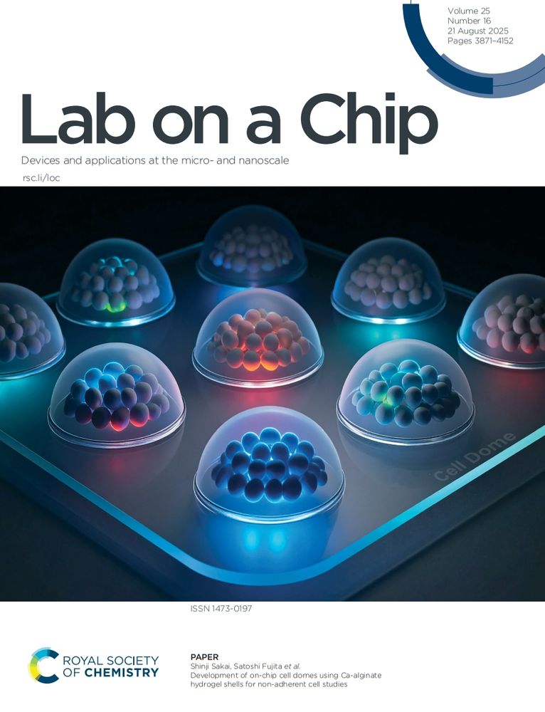 Front cover of issue 16 of Lab on a Chip. Image shows three by three grid of transparent domes with coloured balls inside.