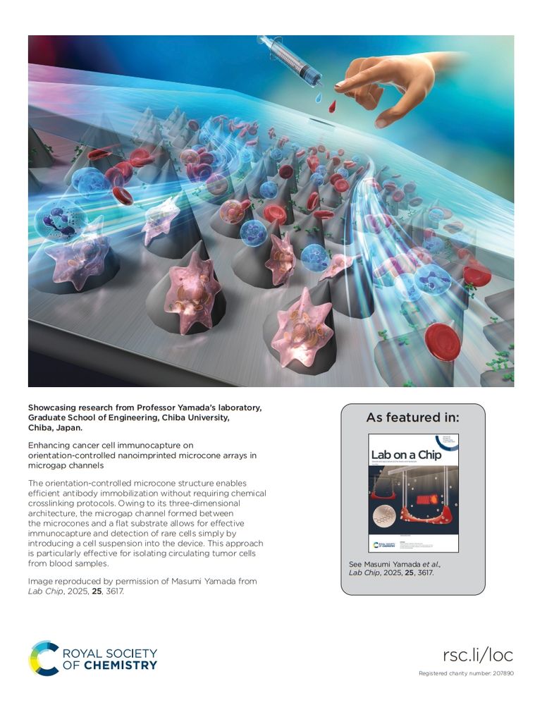 Back cover of issue 15 of Lab on a Chip. Image shows cellular blood components swarming over conical substrate.