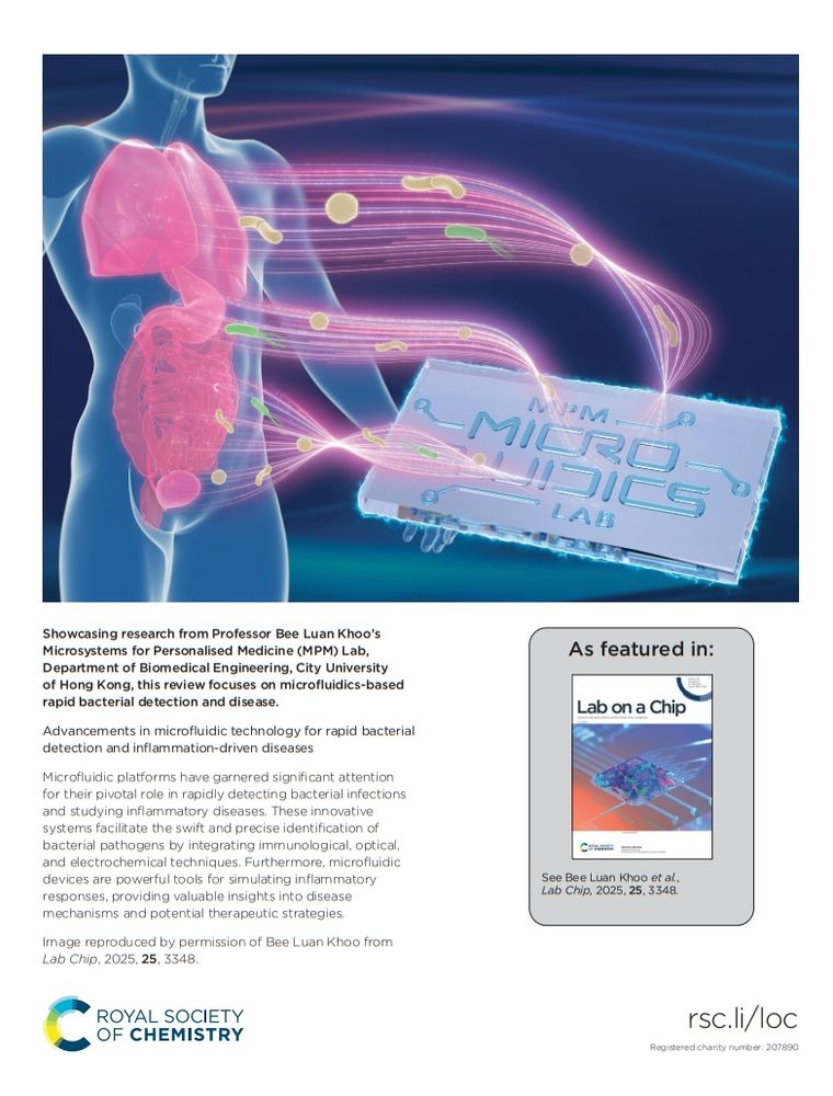 Back cover of issue 14 of @labonachip.rsc.org. Image shows microbiota from human organs flowing into microfluidic chip.