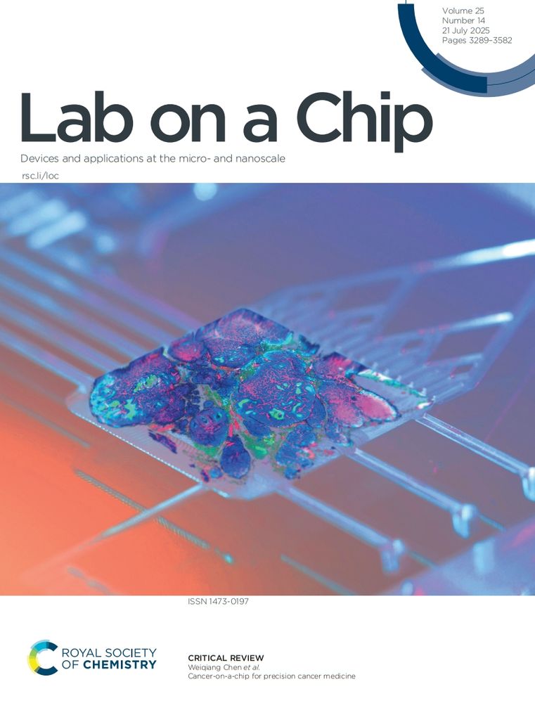 Front cover of issue 14 of @labonachip.rsc.org. Image shows a multicoloured tumour growing on microfluidic chip. Cancer-on-a-chip for precision cancer medicine by Weiqiang Chen et al. nyutandon.bsky.social