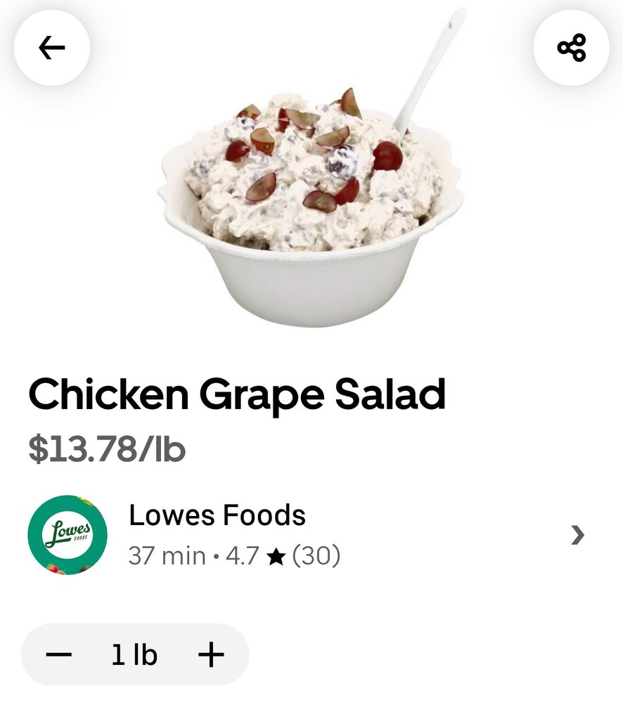 Chicken Grape Salad, $13.78/lb from Lowes Foods