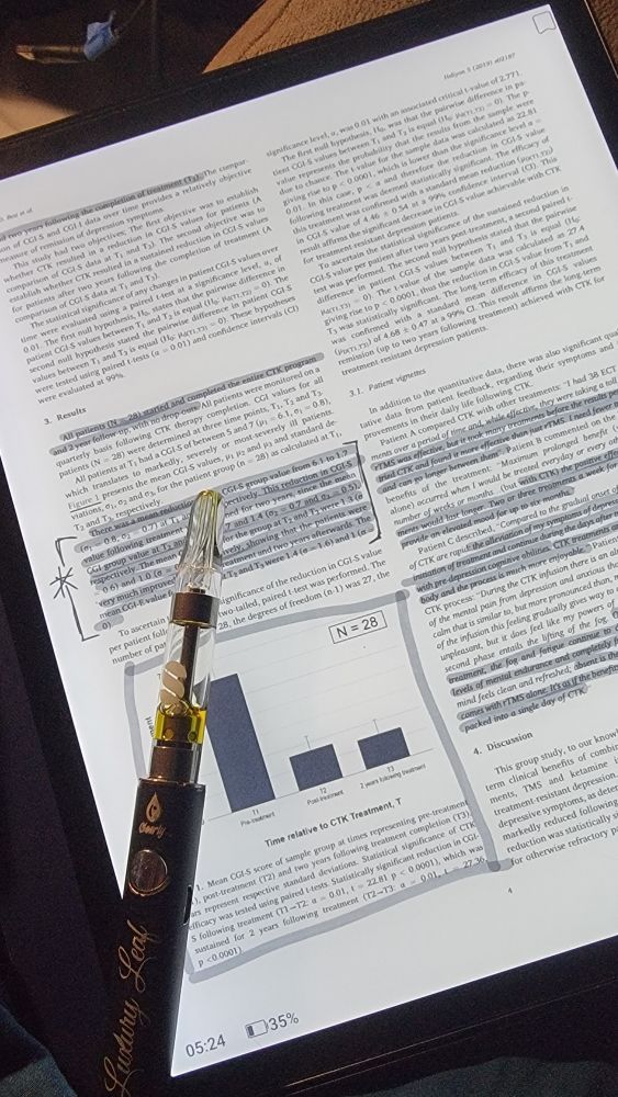 E-ink tablet showing the results of a study on combination therapy of transcranial magnetic stimulation and ketamine for treatment-resistant depression. The text is marked up with highlights.

On the lower left corner lays a vape battery branded "Luxury Leaf" (a dispensary in St Louis). The glow from the tablet's display shines through an almost-empty live resin cartridge with a translucent mouthpiece. 