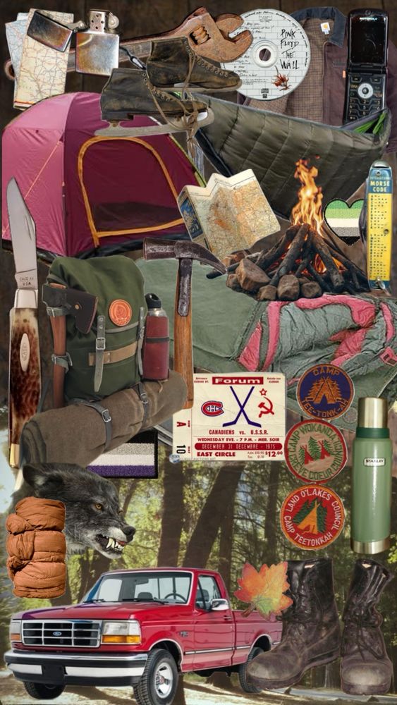 an aesthetic collage!

it has lots of camping gear, tools, an old truck and some hockey stuff all on the backdrop of a forest.