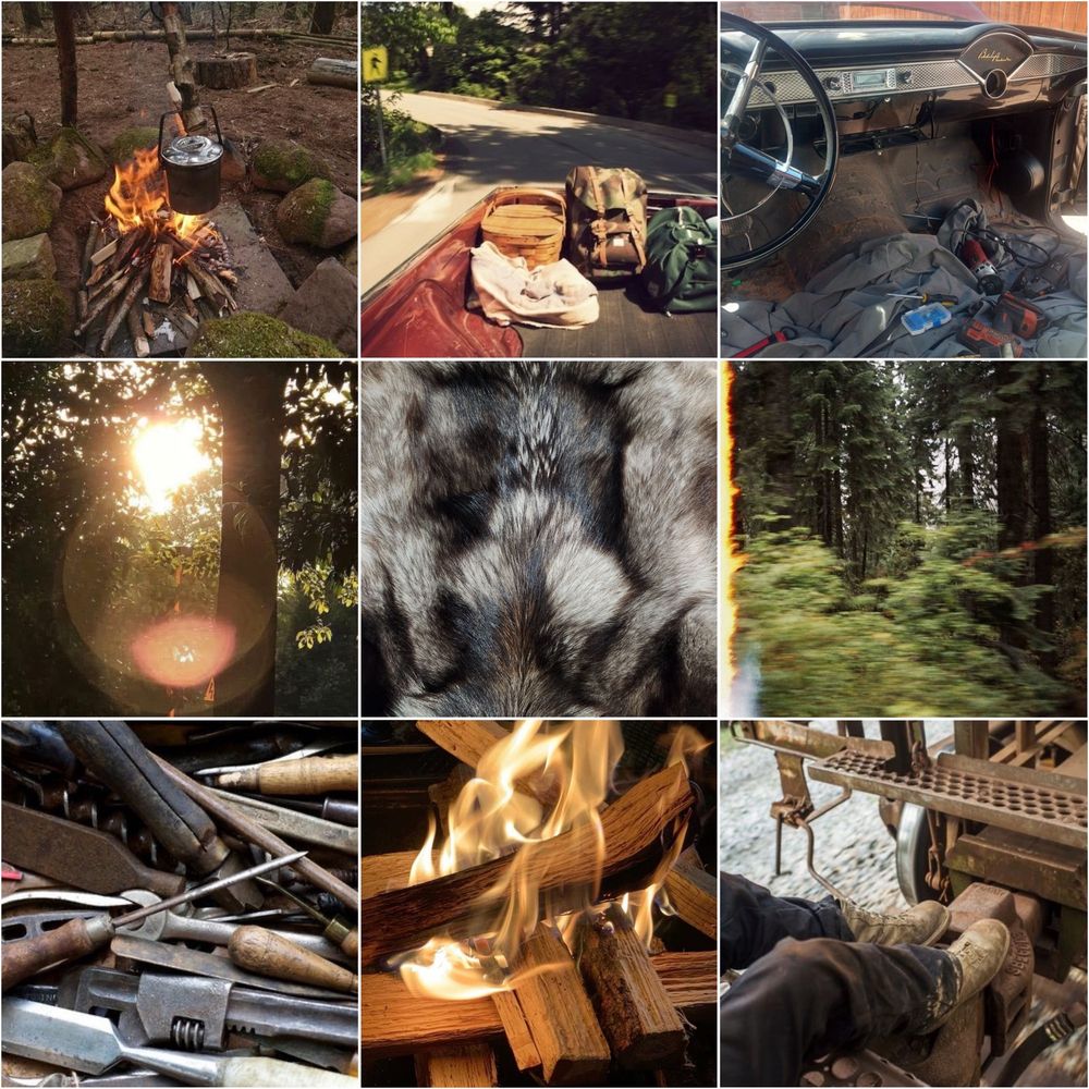 a moodboard of cliff’s aesthetic!

the first picture is a campfire with a pot cooking something.

the second picture is the bed of a truck, there’s someone’s bags and belongs and it’s taken from the perspective of someone sitting in the bed of the truck.

the third picture is of the dashboard of an old car, someone’s taking it apart and there are tools scattered around.

the fourth picture is of the sun setting through trees. 

the fifth picture is wolf fur.

the sixth picture is of a forest, it’s a little blurry and there’s distortion as if it was taken on a film camera.

the seventh picture is of a pile of tools. some are rusty.

the eighth picture is a close up of a campfire.

the ninth picture is someone sitting on a moving train, their feet resting on the part that connects the train cars together.