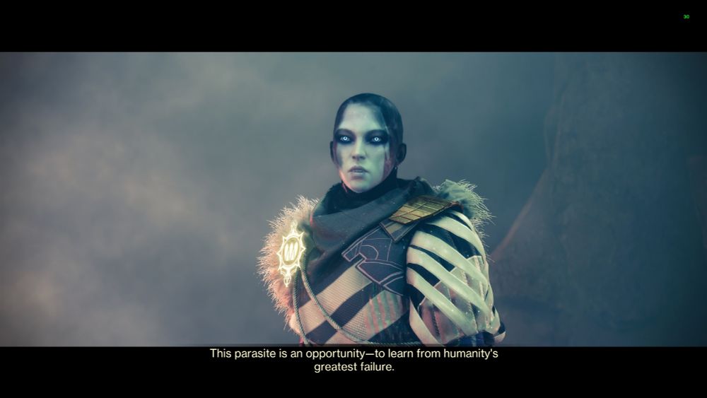 A cutscene from Destiny 2 featuring Mara Sov, who normally has hair, but in this image a rendering bug has omitted her hair, making her appear bald.