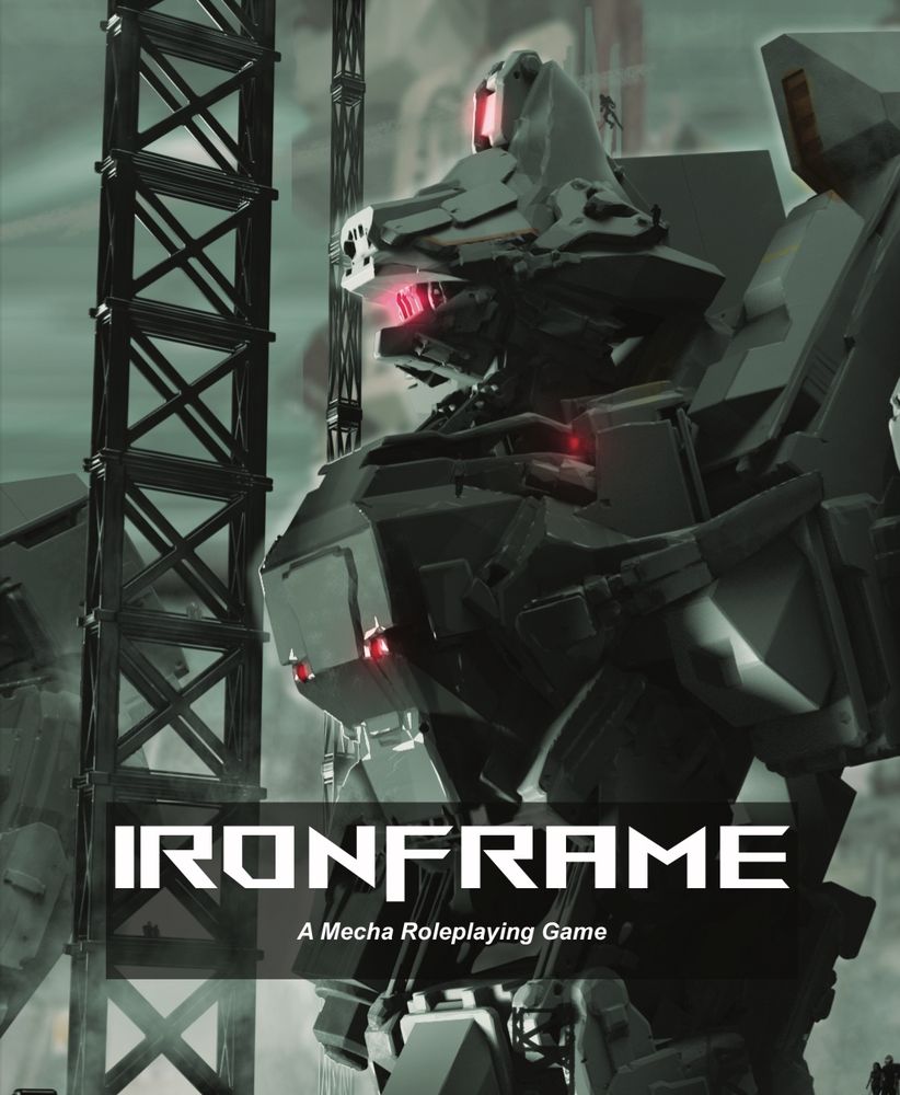 Cover of IronFrame, a mecha roleplaying game, with a large robotic figure in a hangar surrounded by people working on it. 