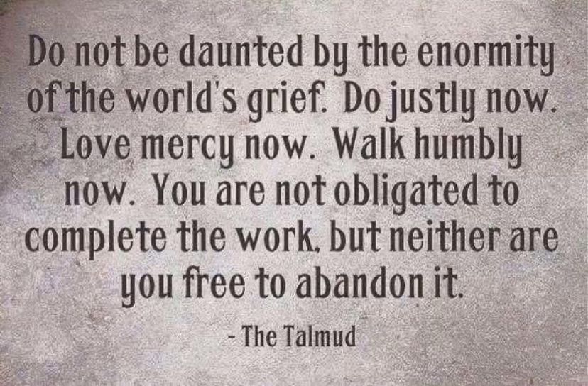 Do not be daunted by the enormity of the world’s grief. Do justly now. Love mercy now. Walk humbly now. You are not obligated to complete the work, but neither are you free to abandon it. The Talmud. 