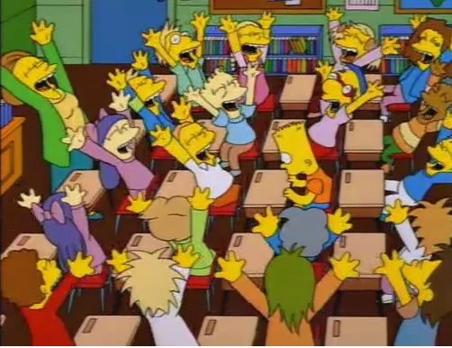 The children celebrate after Bart "says the line".