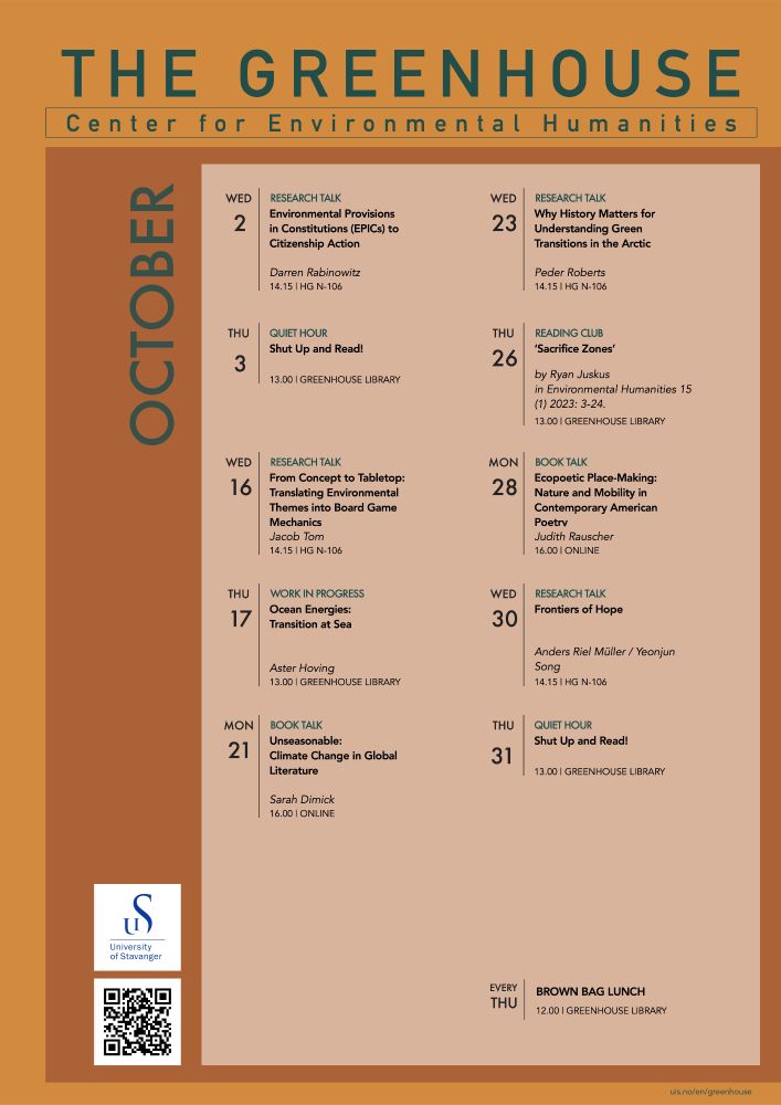 Overview of the events at the Greenhouse in October. More info on uis.no/en/greenhouse. For the book talks, see also https://newnatures.org/greenhouse/.