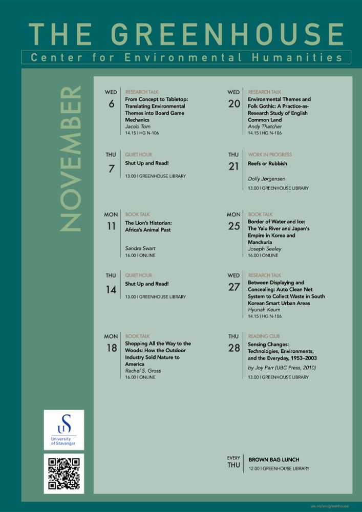Overview of the events at the Greenhouse in November. More info on uis.no/en/greenhouse. For the book talks, see also https://newnatures.org/greenhouse/.