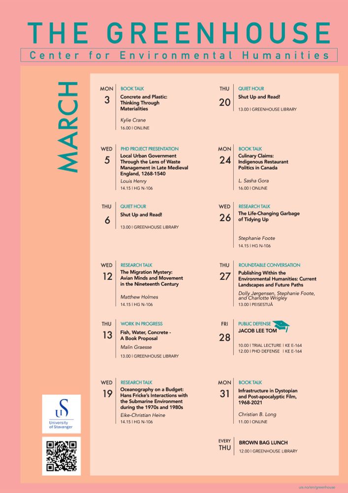 Overview of the events at the Greenhouse in March. More info on uis.no/en/greenhouse. For the book talks, see also https://newnatures.org/greenhouse/.