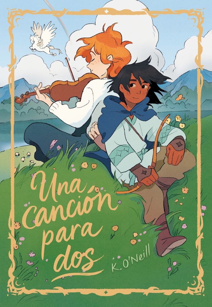Portada de Una canción para dos en la que vemos a dos jóvenes, une toca un violín, le otre tiene un arco, están en un idílico paisaje campestre.