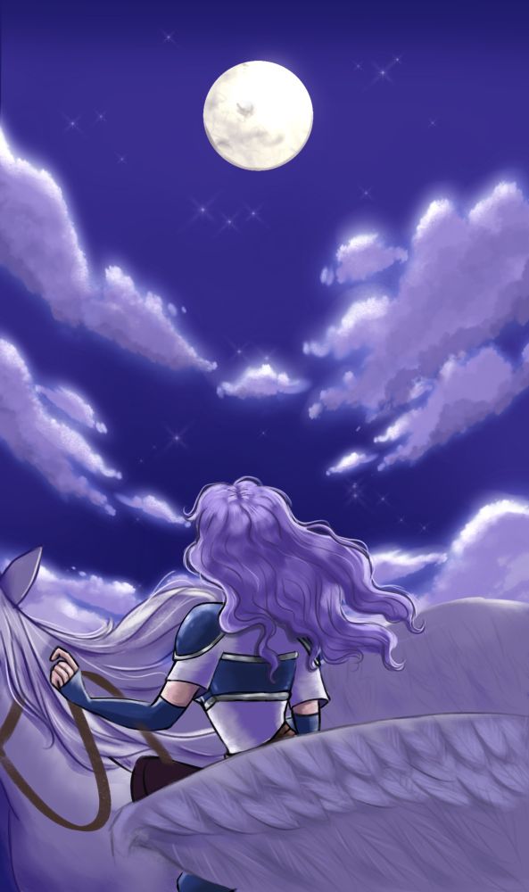 An illustration of Florina from Fire Emblem 7 riding her Pegasus at night while looking up at a full moon. The overall piece has a purple blue tone to it. 