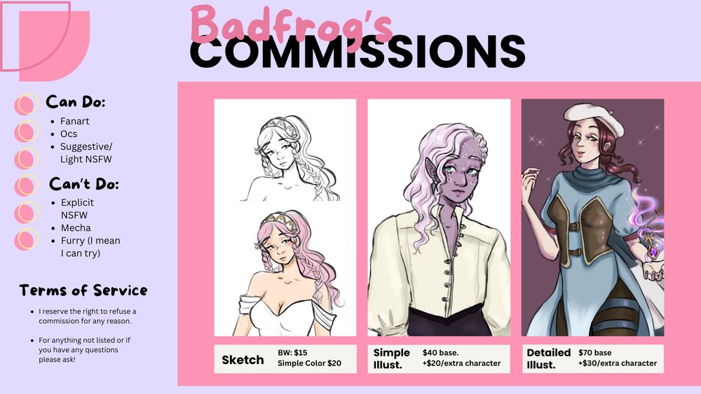 A pink and purple commission sheet. 

Please message me if you have any questions!
