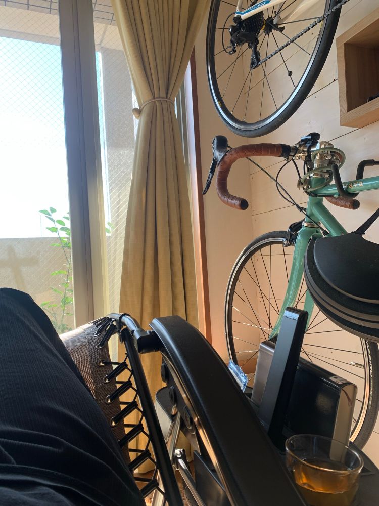 窓際に置かれたインフィニティチェアから見た光景。窓の外にはみかんの木、壁にはロードバイク、チェアのサイドテーブルにはハードカバーの書籍とテレビのリモコン、お茶の入ったグラスが置かれている