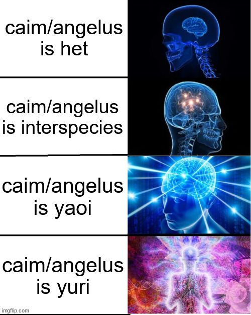 Galaxy brain meme with "caim/angelus is het" < "caim/angelus is interspecies" < "caim/angelus is yaoi" < "caim/angelus is yuri"