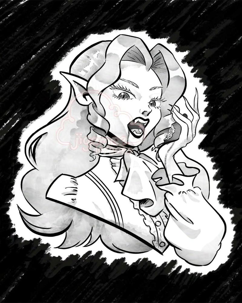 A black and white, digital ink, bust illustration of jigamoe's original character Van Nessa, a silver-haired vampire holding up a bitten fig in her left hand towards her open mouth. This drawing is a recolour version of the same image from 2024, now with more depth of colour.