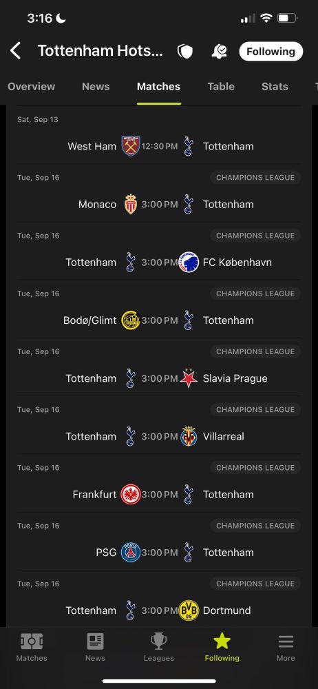 A list of spurs champions league fixtures, all 8 of them on 16/09/25