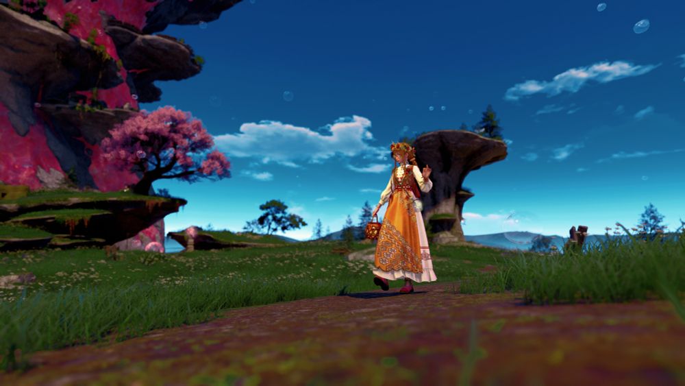 Nikki walking along a dirt path in a grass field. Her outfit is autumn themed, and she's holding a honey pot with a handle. A stone tree rises behind her, as well as on the far left side of the photo. 
