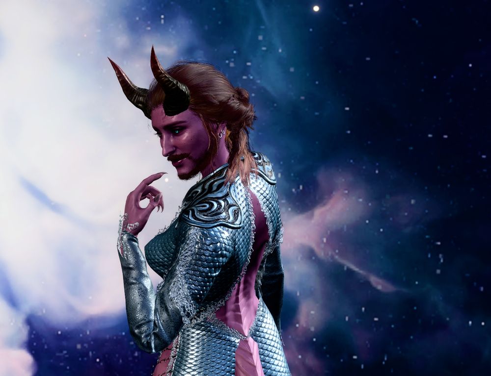 Remus, a pink tiefling with auburn hair and blue eyes, grinning over his left shoulder. The astral plane provides a sweeping galaxy behind him.