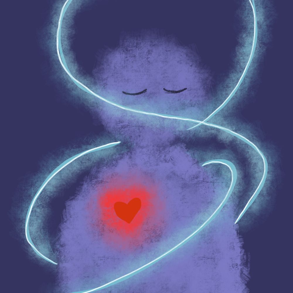The outline of a person with closed eyes. They look tired. Their heart is bright red and glowing, and three blue lights are swirling around them. 