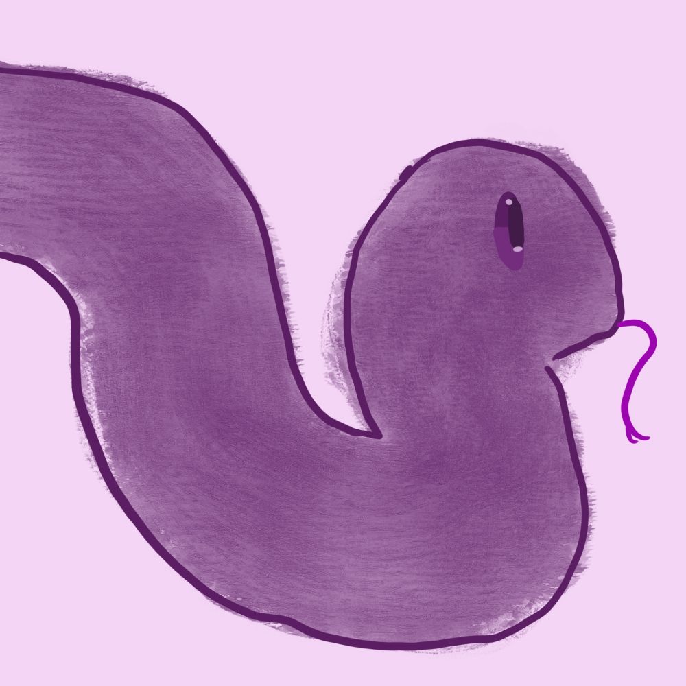 A silly little purple snake with purple eyes and his tongue sticking out
