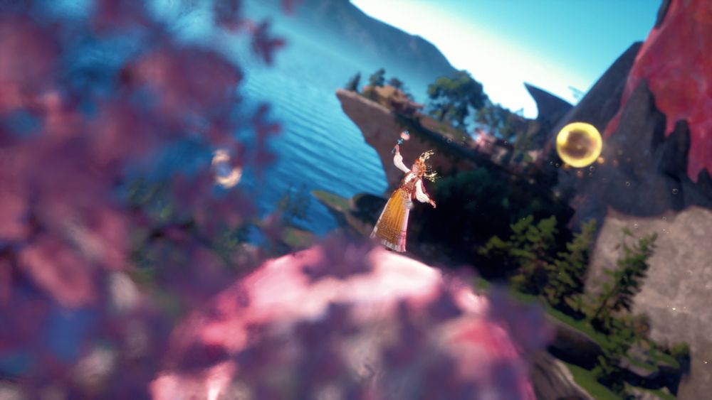 Nikki in a red/orange autumn themed outfit, holding up a bubble wand. She's riding on a bubble around Serenity Island, and the left side of the photo is framed by out of focus pink branches.