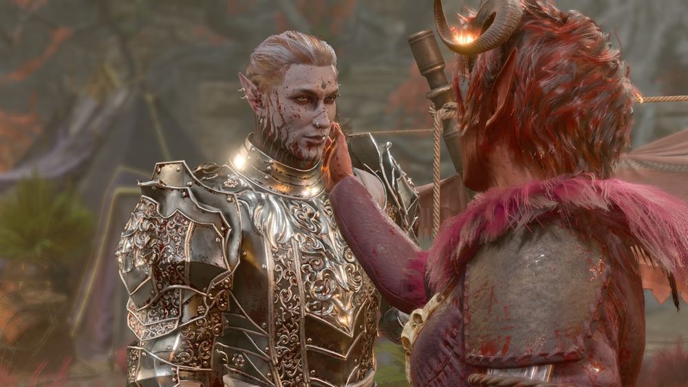Karlach, a red tiefling with one curled horn, holding the face of a strong drow man. His hair is pulled back in a bun, and he's wearing a shiny suit of armor. He smiles ever so slightly.