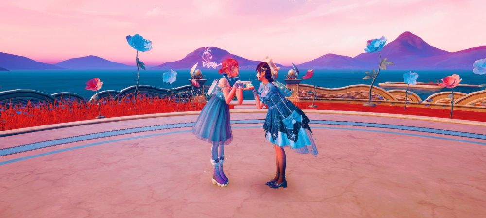 Two Nikkis in blue outfits blowing kisses at each other