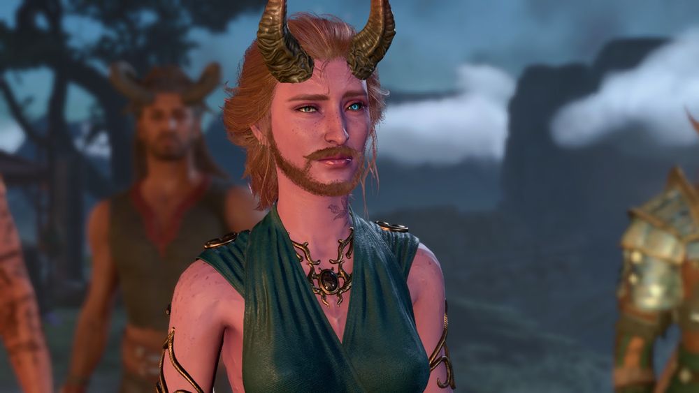 Remus, a pink tiefling with auburn hair and gray horns with red tips. He looks quizzically off screen. 
