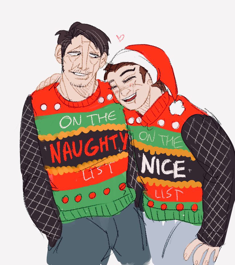 kikuta & sugimoto in matching christmas sweaters that say “on the naughty/nice list” respectively. sugimoto has his hand on kkt’s shoulder
