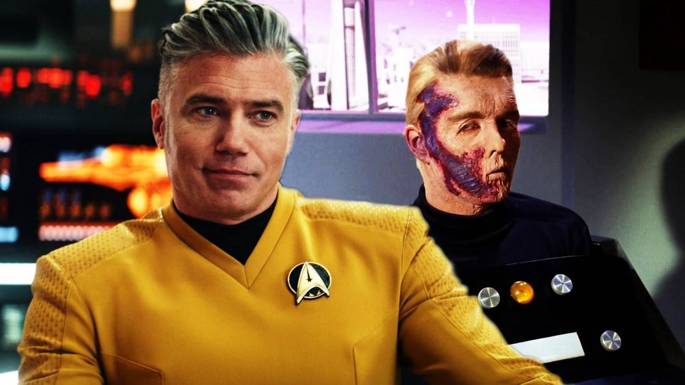 Left: Anson Mount as Captain Pike from Star Trek Strange New Worlds, Right: Sean Kenney as a disabled Captain Pike in the Original Series with facial disfigurements and in a sort of full body motorized wheelchair