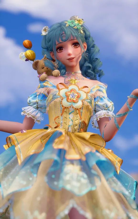 Nikki in a yellow and blue dress, with a teddy on her shoulder, blue hair, LOOKING CUTE AS SHH