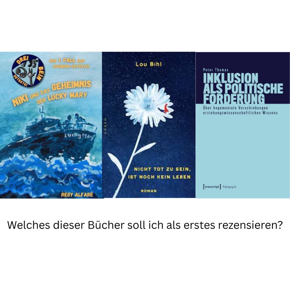 Welches dieser Bücher soll ich als erstes rezensieren?
1. Niki und das  Geheimnis der Lucky Mary
2. Nicht tot zu sein ist noch kein Leben
3. Inklusion als politische Forderung