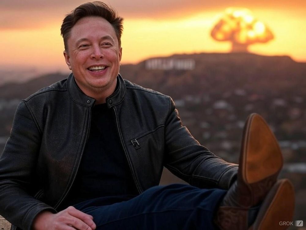 Elon musk nous fait face avec un grand sourire. Il porte une veste en cuir et des Santiags aux pieds. Derrière lui un décor californien "Hollywood". On voit dans le ciel un champignon atomique. Image générée par IA.
