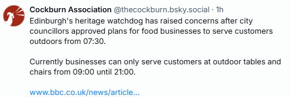 Image of Cockburn Association post raising concerns about Council decision to allow outdoor dining from 0730.