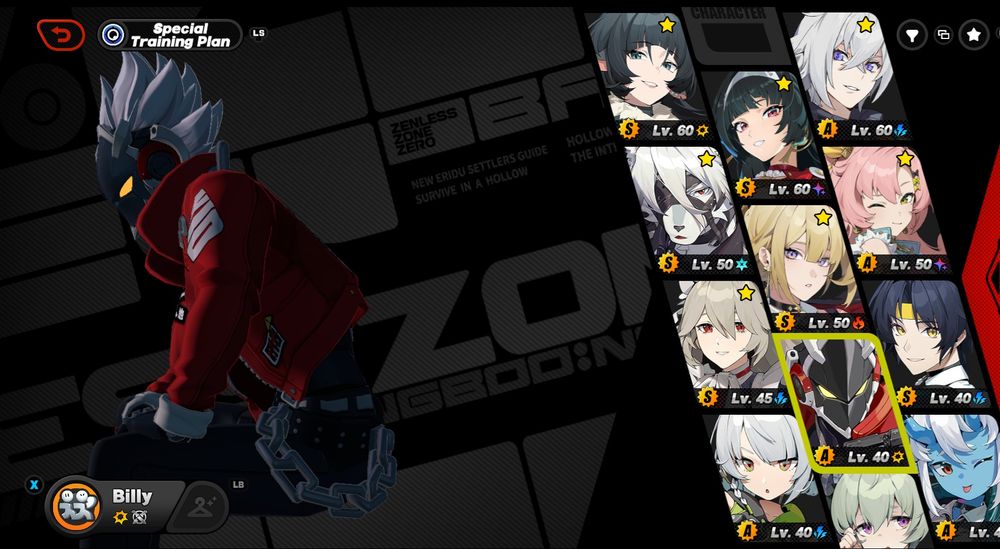 weird zenless zone zero visual glitch(?) on the character menu. Billy is selected, but rather than standing in his usual pose he's sitting off in the distance, facing to the left, as if he's staring off into the distance at something we can't see. Compared to the usual lighting, he seems far more in shadow. All in all it leaves him looking sad or pensive.