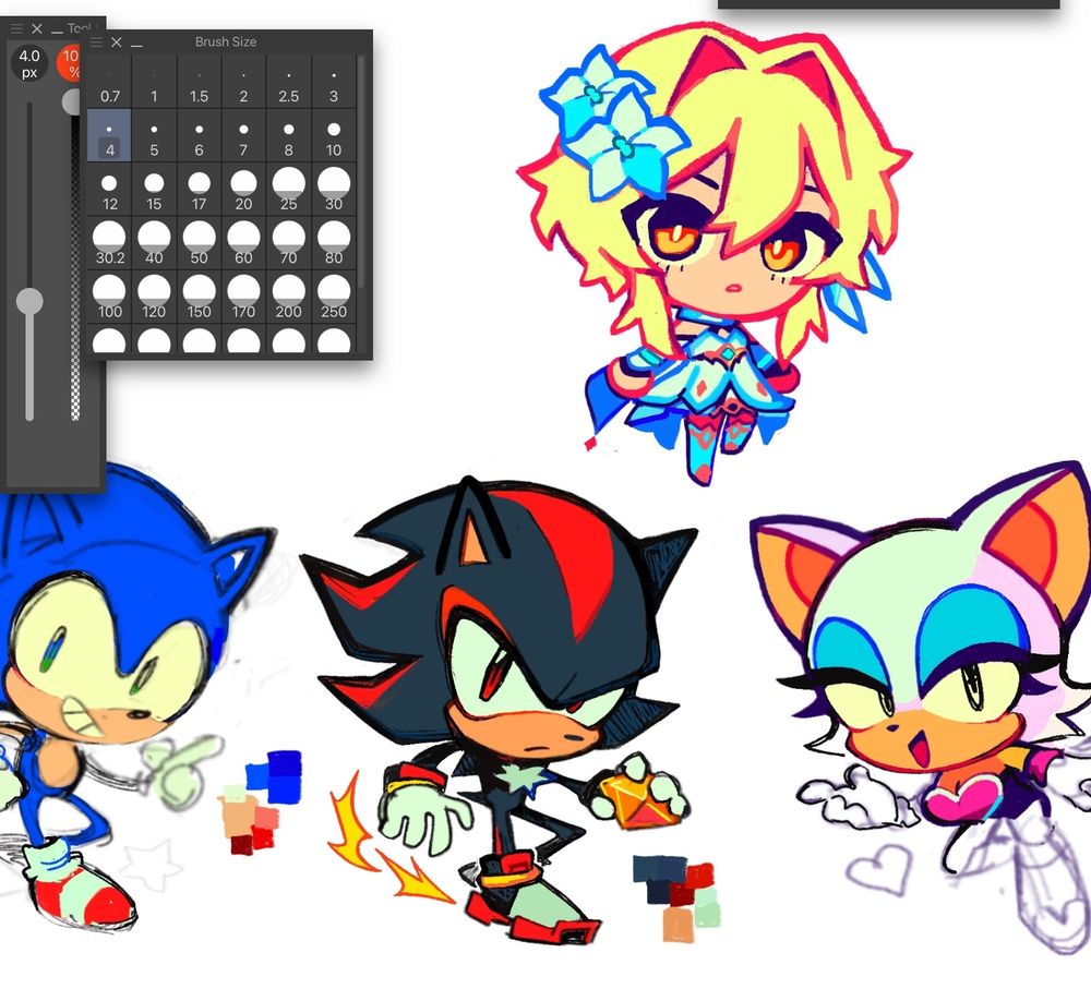 sonic charm wips. sonic and rouge are partially done, shadow is basically done. lumine is there for my own scale reference