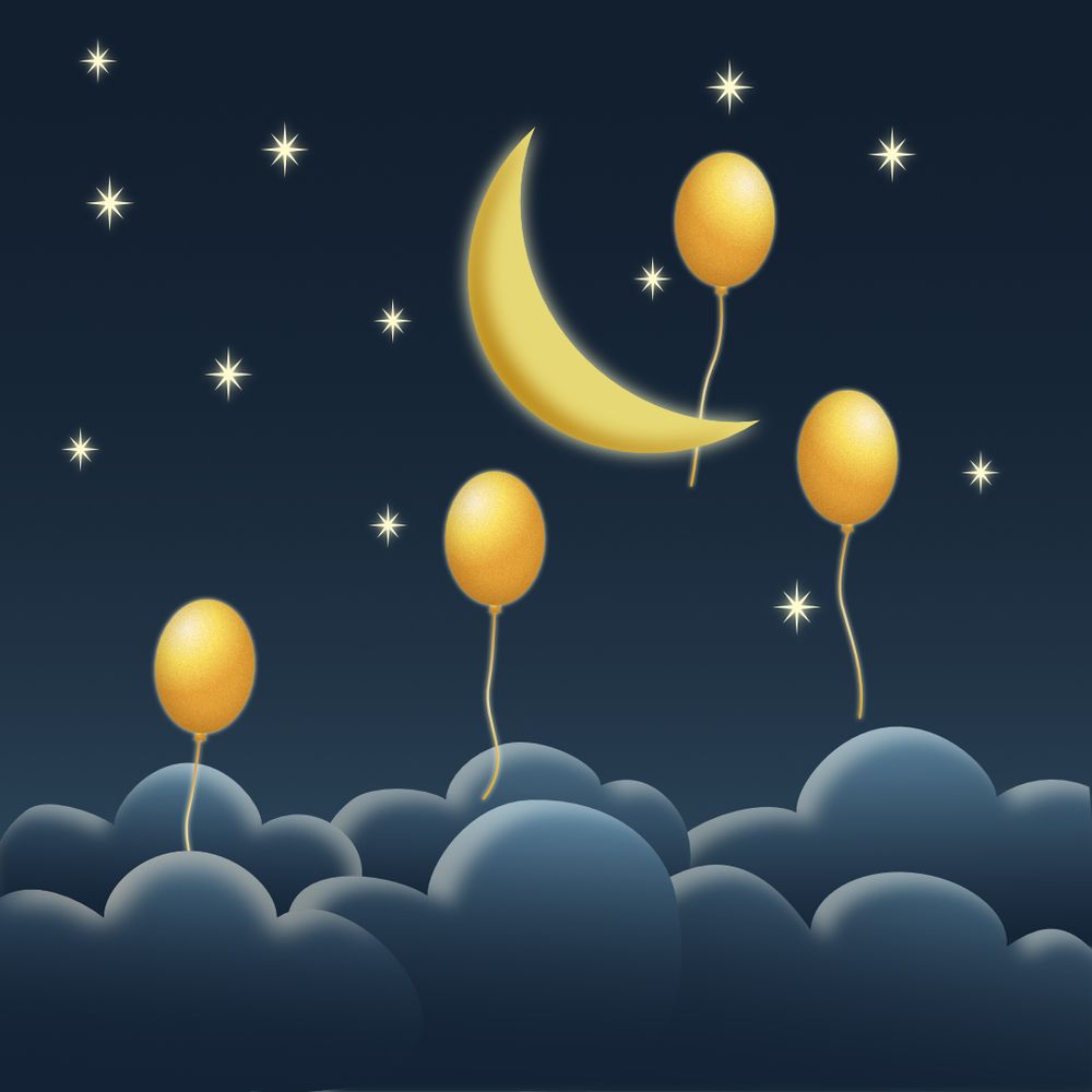 Art of moon, clouds, with rising balloons.